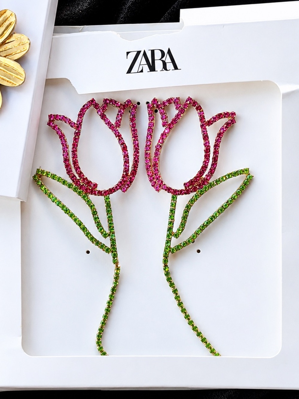 Zara Tulip Crystal Drop Earrings | Summer Party Floral Statement Glam|Pink Green